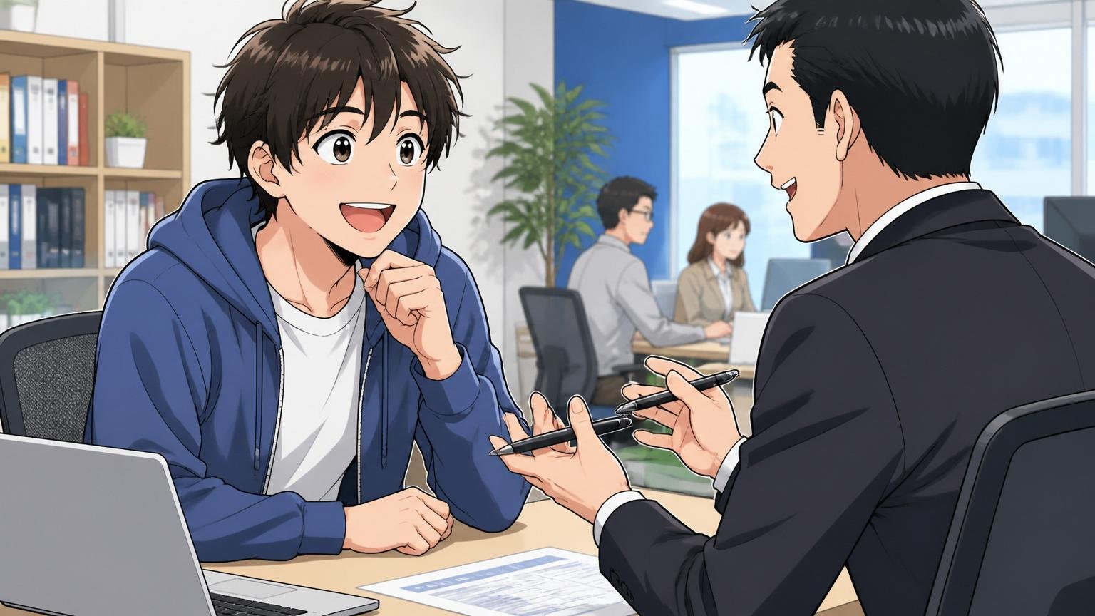 企業のオフィスでIT専門の転職エージェントに笑顔で相談する30代エンジニア