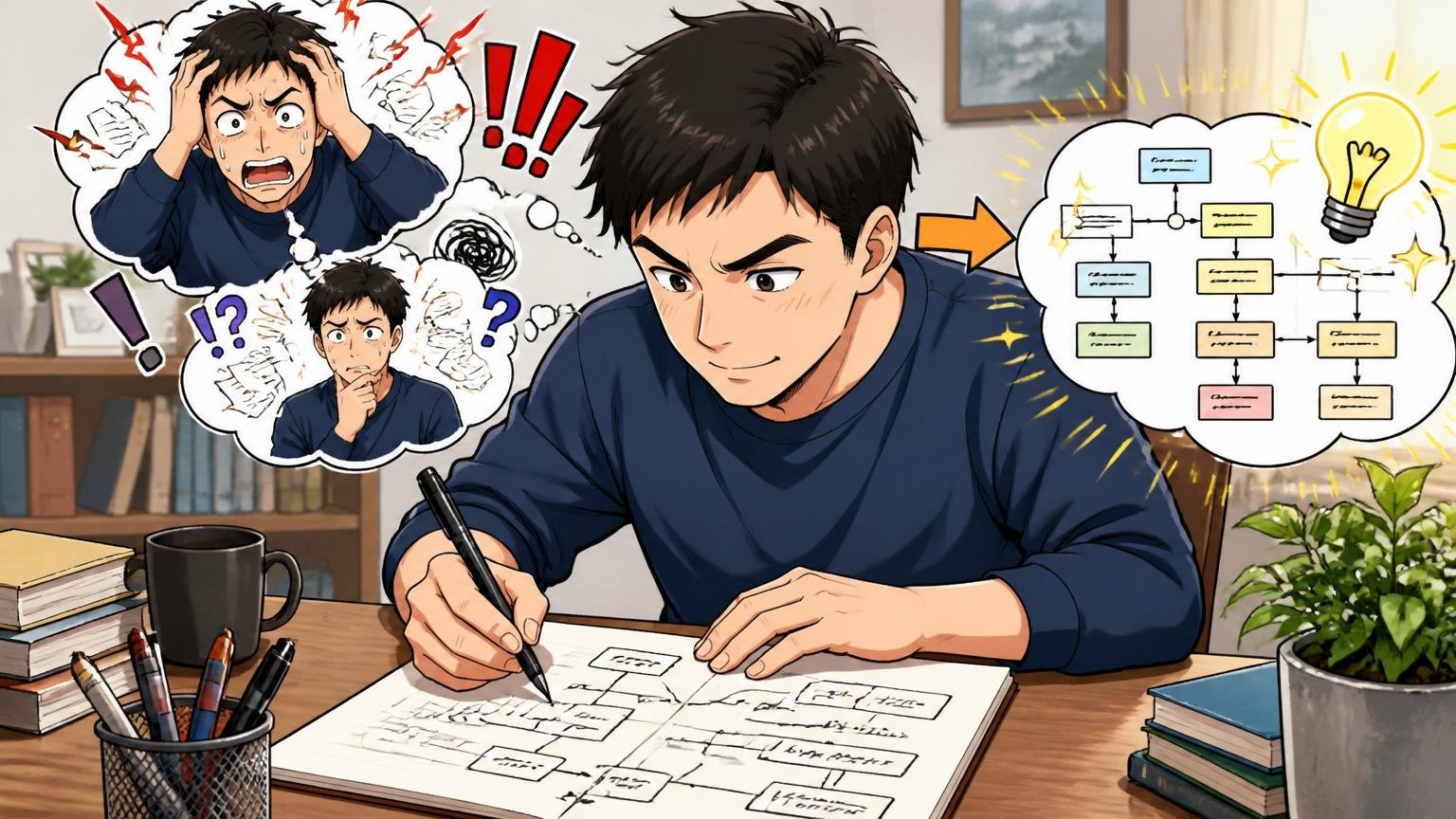 「やばい」を構造で分解すれば冷静に判断できる 自宅デスクで30代男性が手元のメモに整理して書き込む