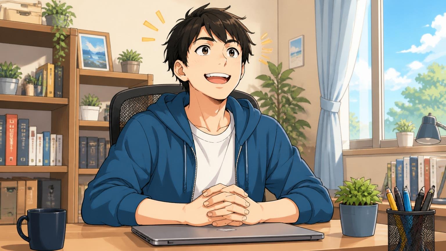 自宅のデスクでノートPCを閉じて晴れやかな表情で前を向く30代エンジニア