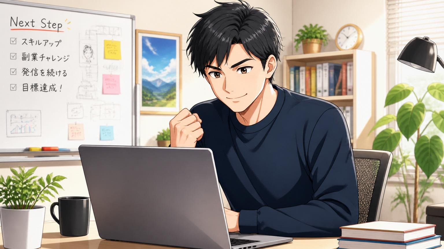 自宅のデスクで30代エンジニアが穏やかな表情でノートPCに向かい次の一歩を踏み出す