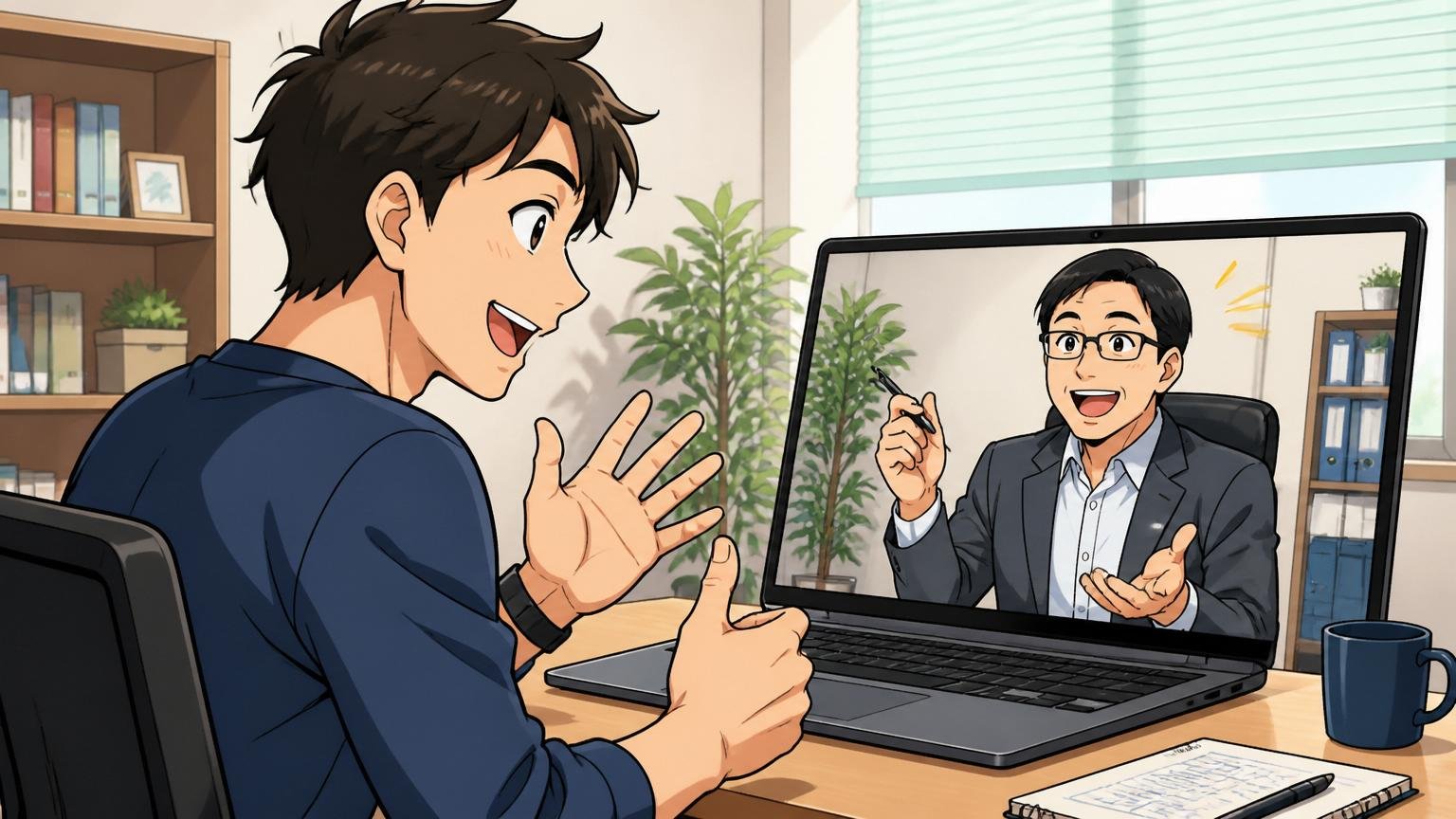オンライン面談ルームでIT特化型エージェントの担当者と笑顔で年収交渉について話し合う30代男性エンジニア