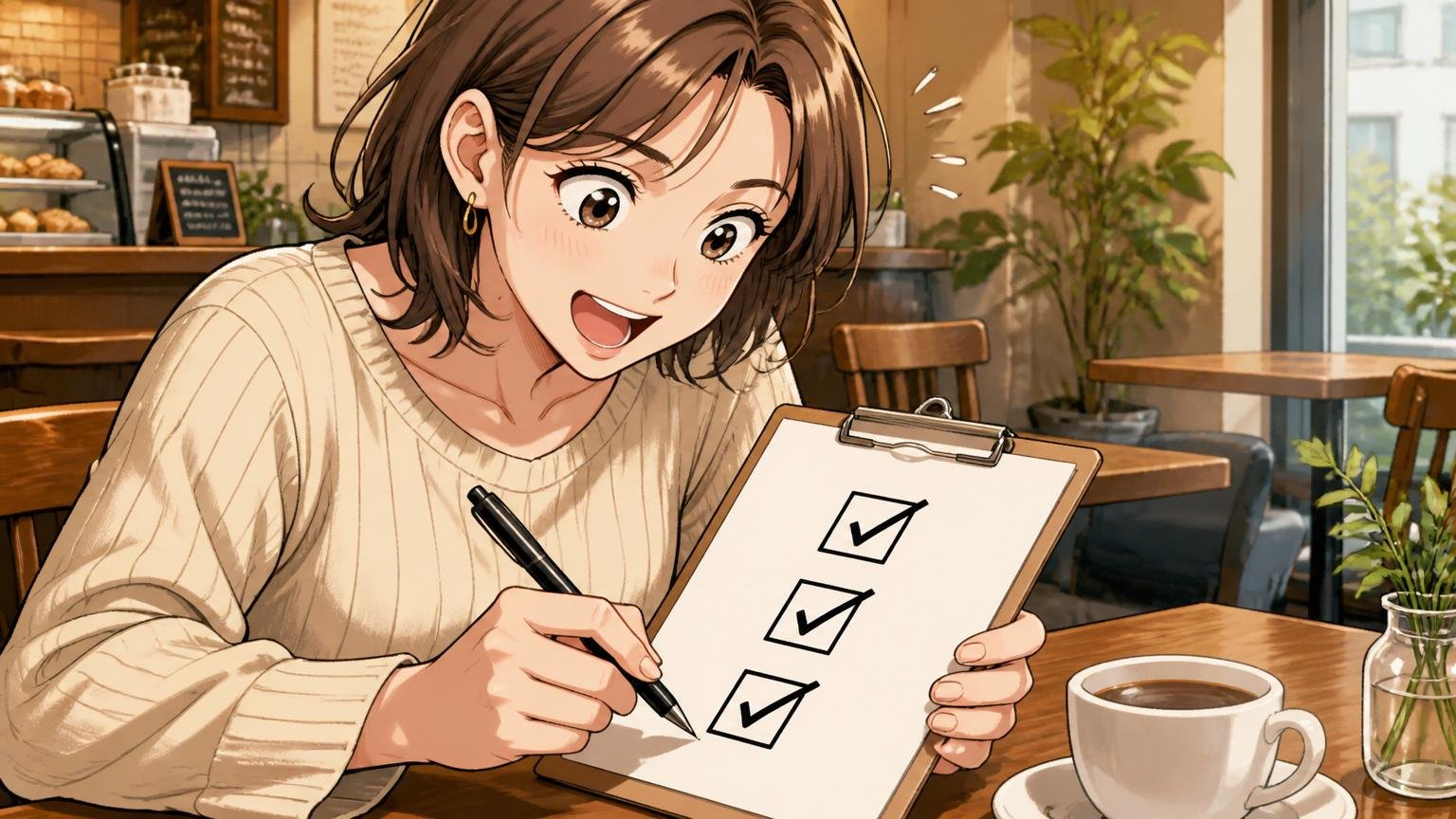 自分にとってのやばいかは3チェックで判定できる カフェで30代女性がチェックリストにペンで印をつける
