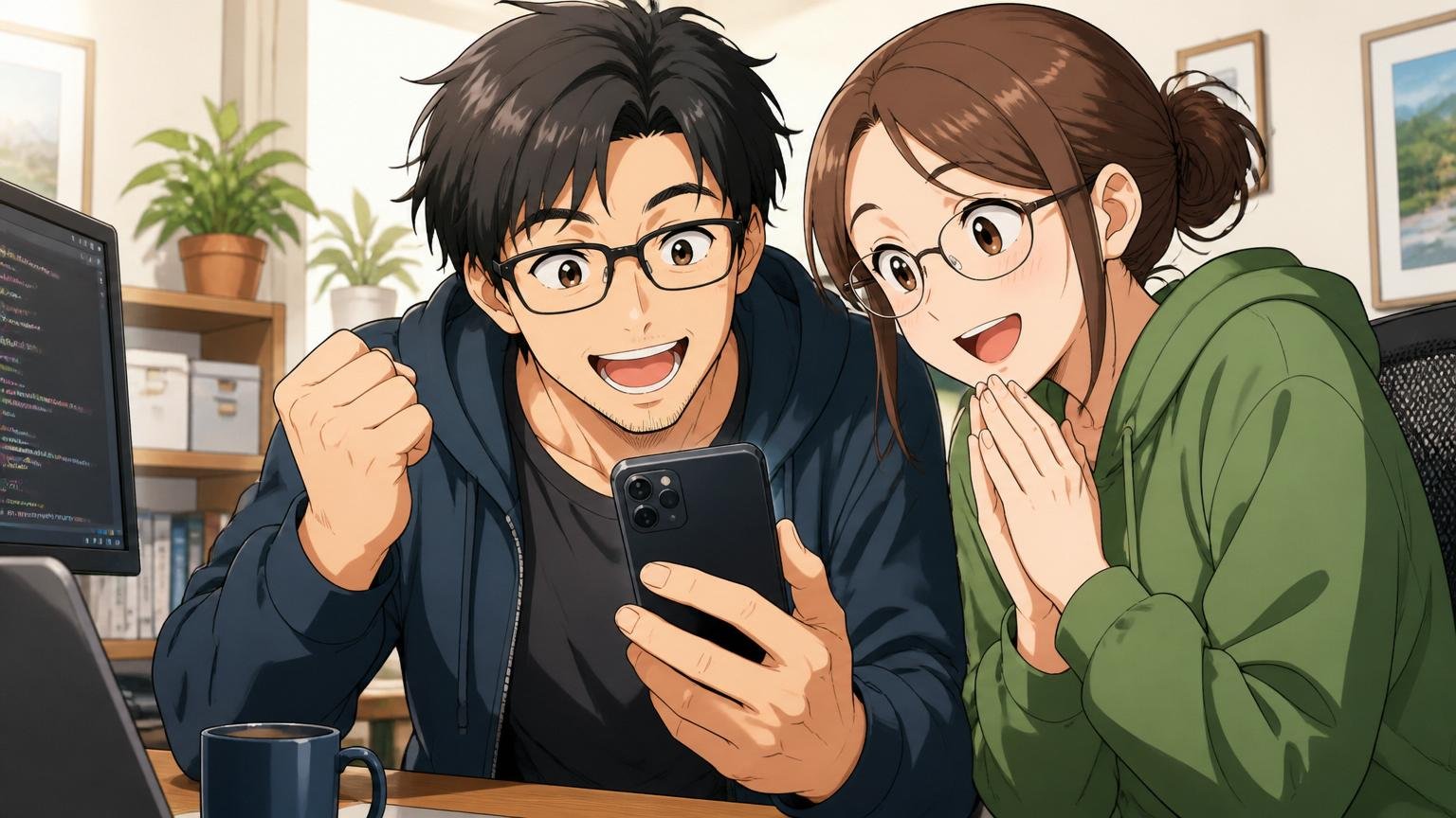 自宅のデスクでスマホでエージェント登録の最後の確認画面を見つめて笑顔の30代男女エンジニア