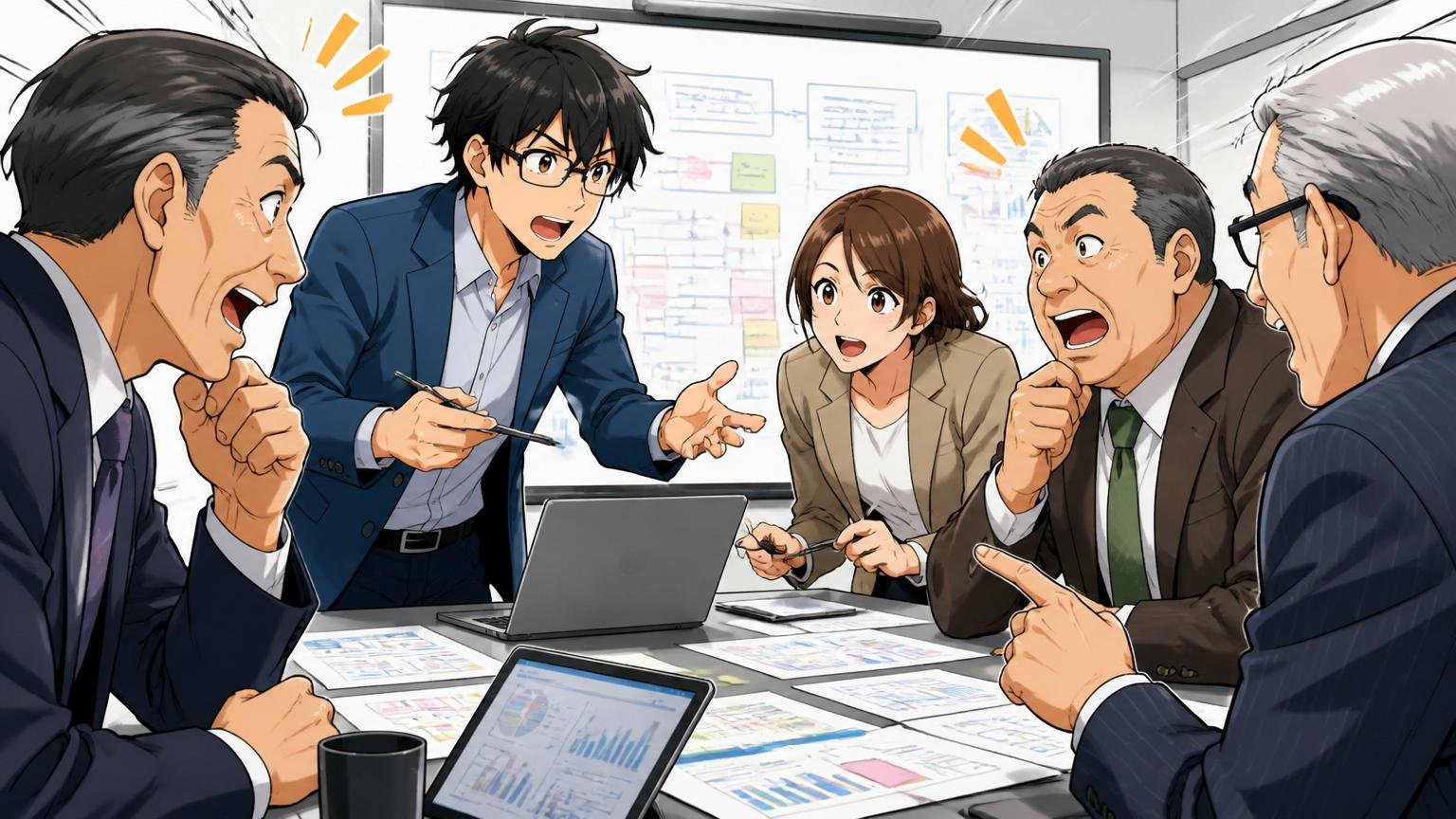 企業の上流工程ミーティングで大手クライアントの経営層と要件を整理する中堅エンジニアと営業