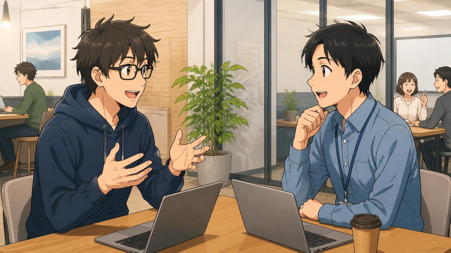 Web系SaaS企業のミーティングスペースでカジュアル面談中のエンジニア1人と現役社員1人が向かい合って話す場面