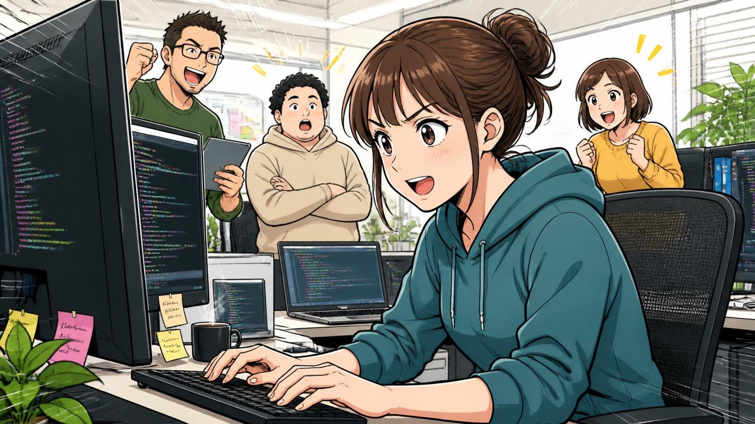 自社プロダクト開発チームのオフィスでコーディングする女性エンジニアのシーン