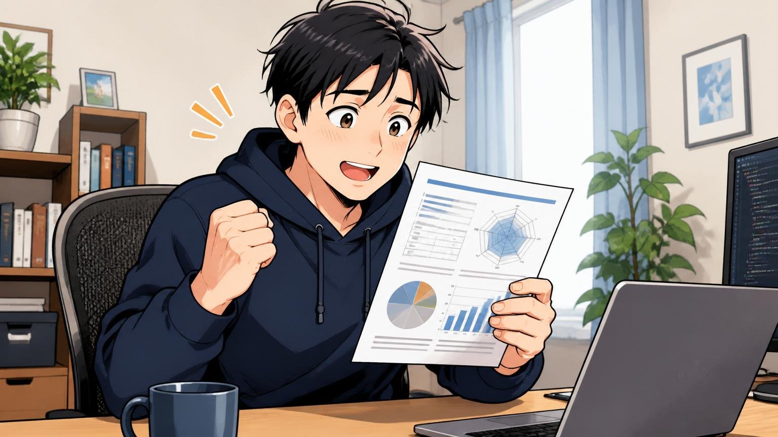 自宅のデスクで在宅勤務しながら自分の市場価値レポートを見て安堵する30代のエンジニア