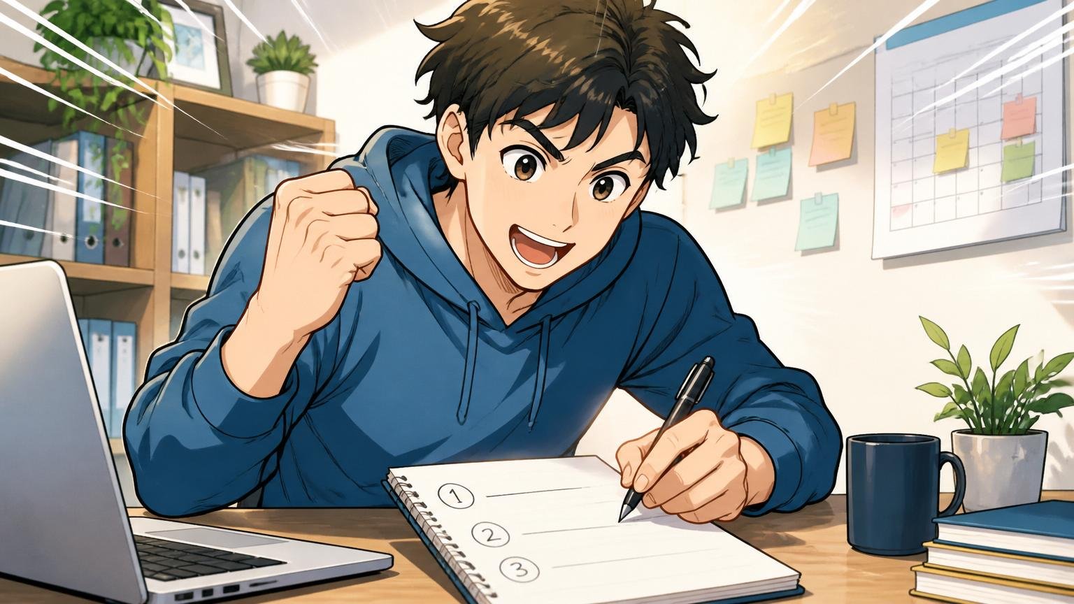 自宅のデスクで3つのアクションリストを書き出して新しい一歩を踏み出す20代後半男性エンジニア