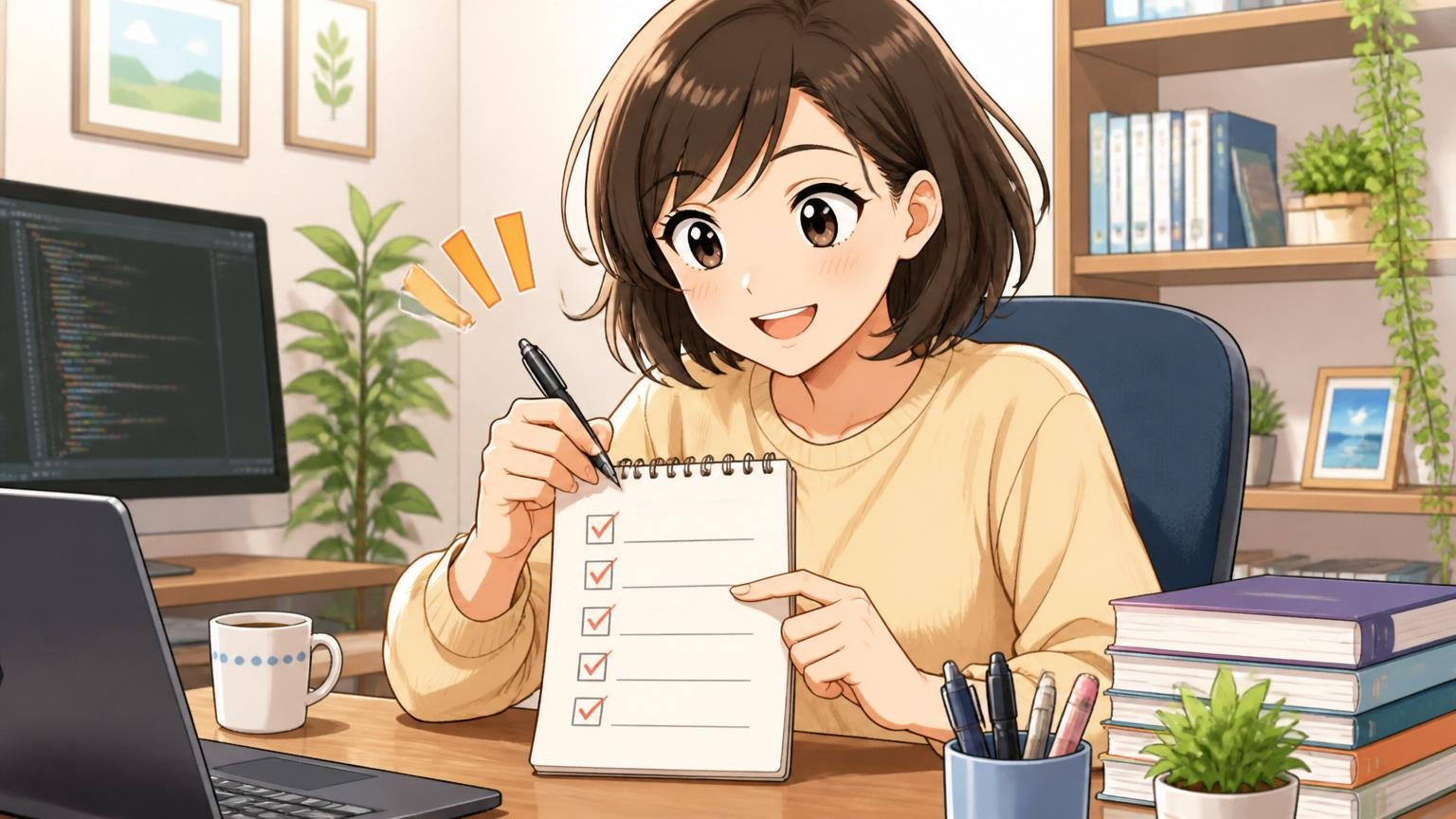今日からできるアクションリスト。自宅のデスクで30代女性エンジニアがチェックリストを書き出して微笑む