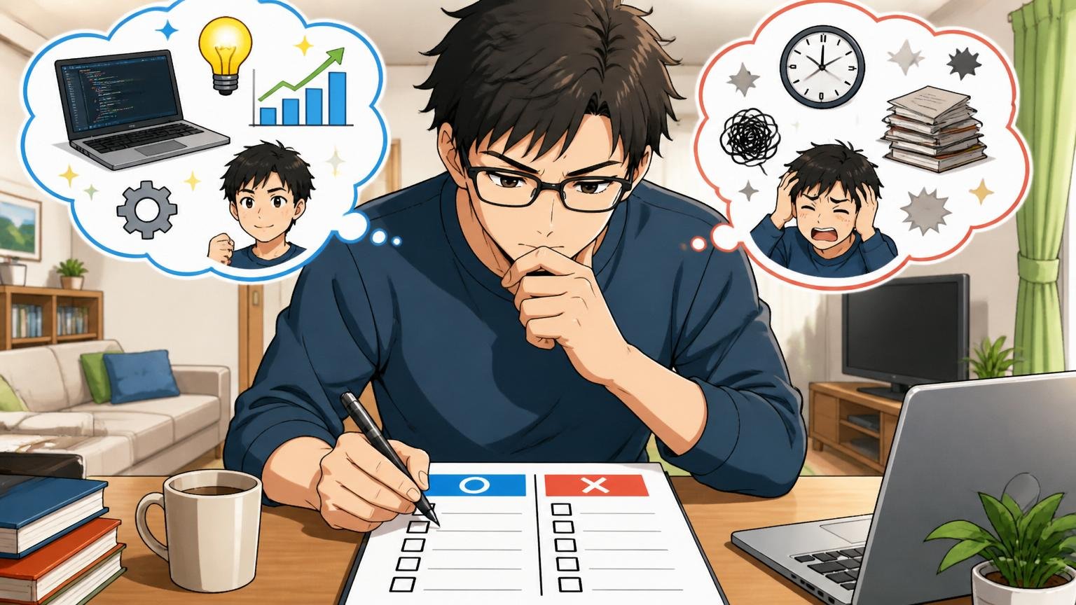 自宅のリビングでチェックリストを書き出し向き不向きを冷静に判定する30代男性エンジニア