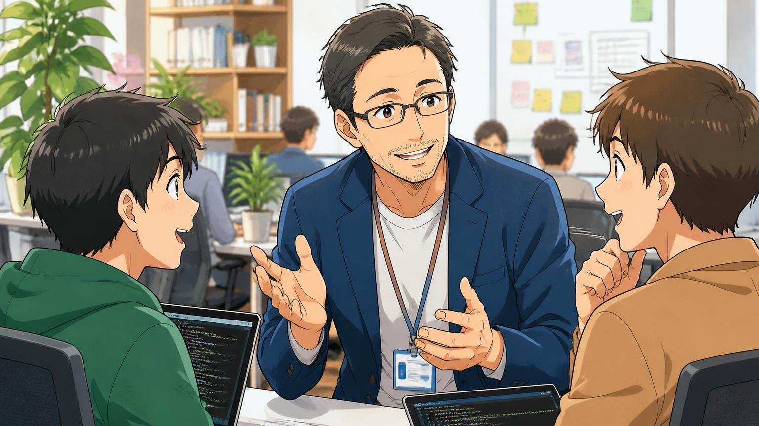 最後にひとつだけお願いがあります。Web系企業のオフィスで40代男性メンターが穏やかな笑顔で2人のエンジニアに語りかける