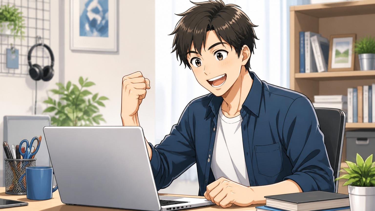 自宅のデスクで転職エージェントに無料登録を完了し前向きな表情を見せる20代後半男性エンジニア