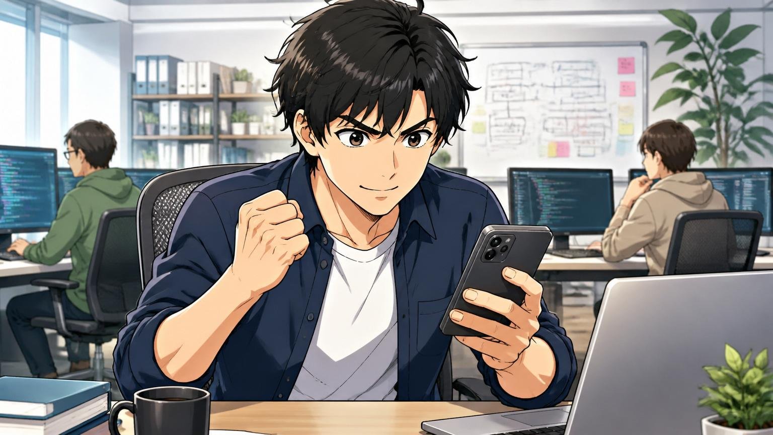 Web系オフィスでオンライン無料相談を受ける30代エンジニア1人がスマホを手に決意した表情の場面
