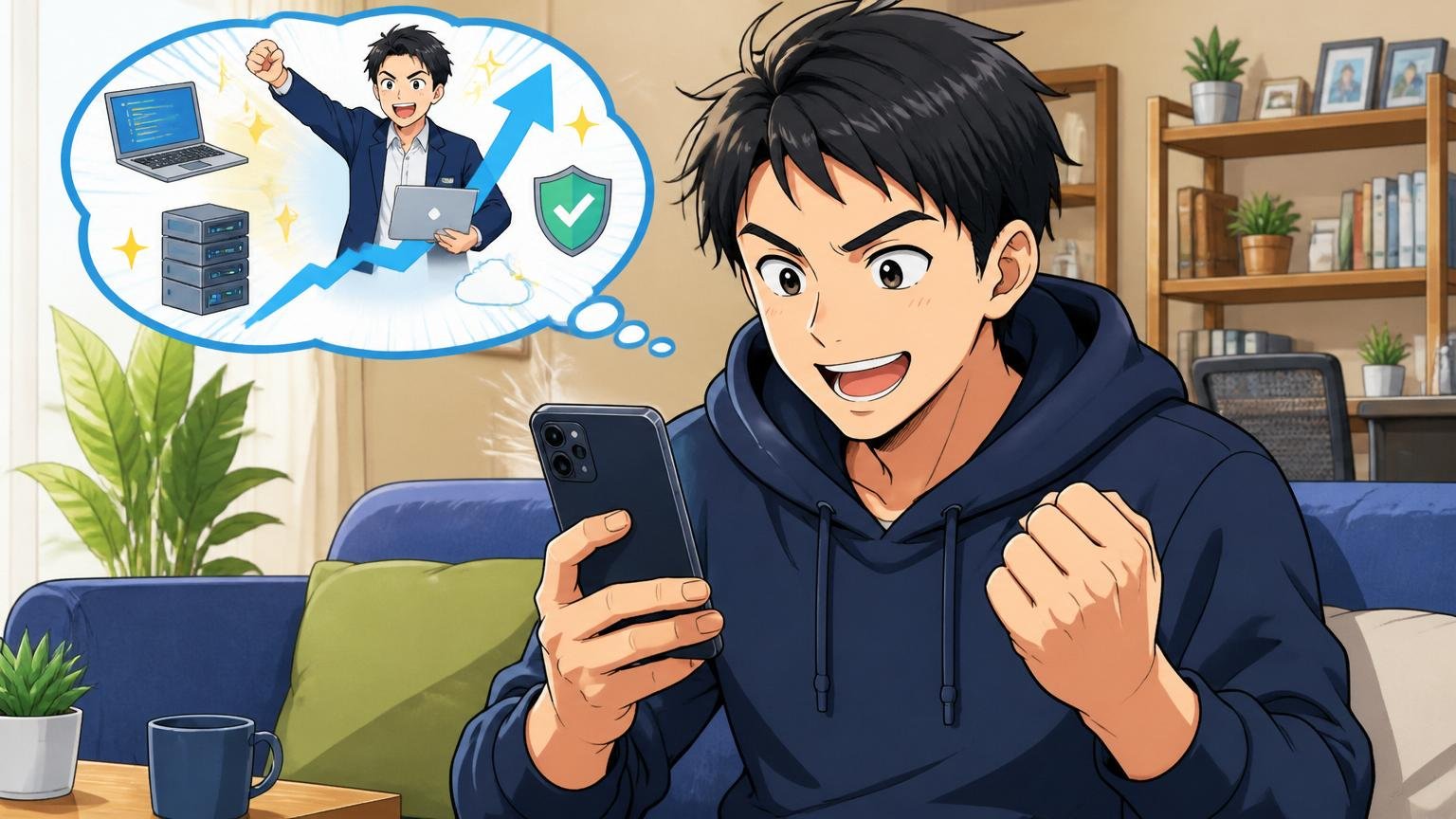 自宅のソファでスマホ片手にIT特化型エージェントに無料登録する30代男性エンジニア1人