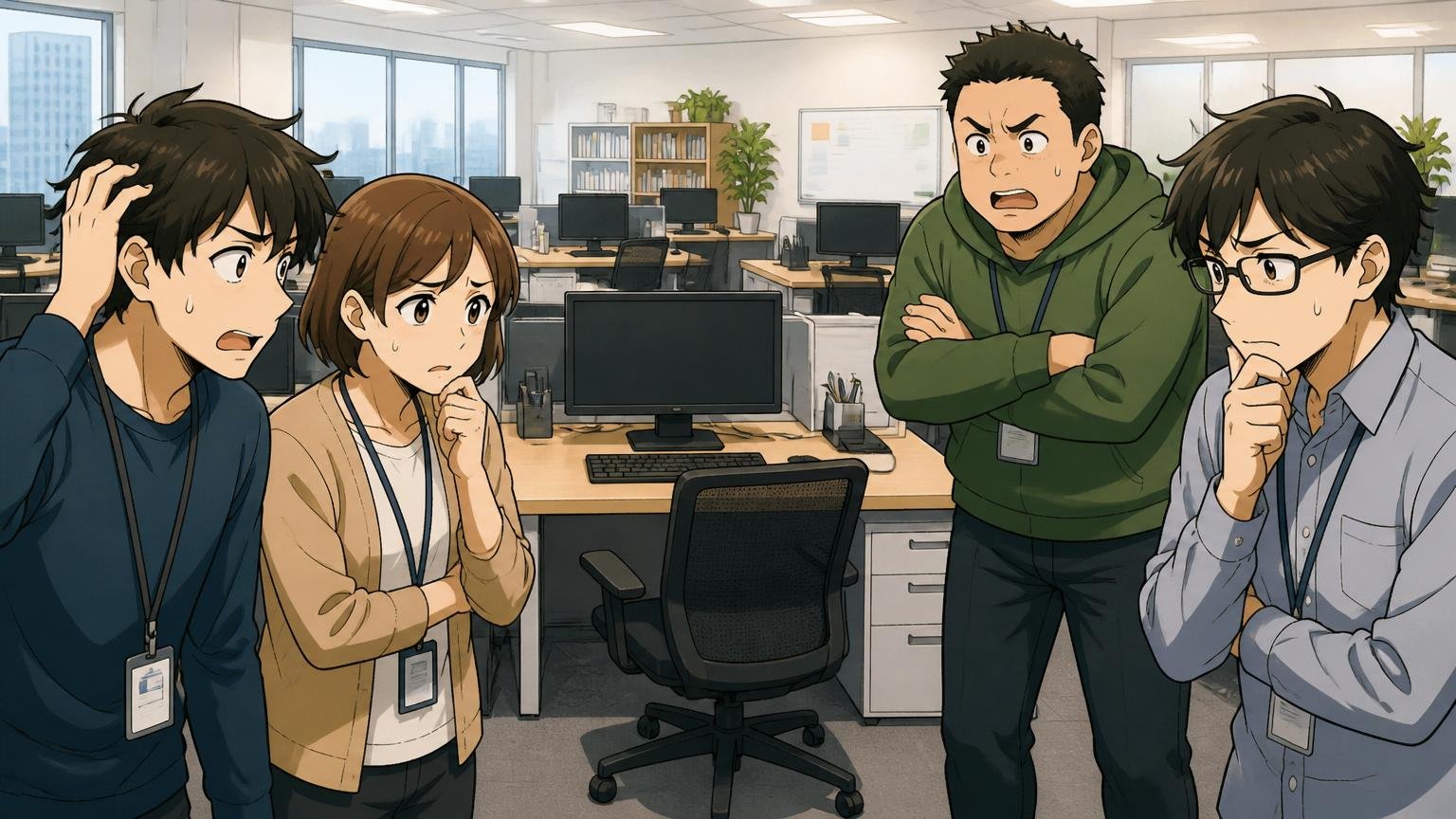 Web系IT企業のオフィスで複数のエンジニアが空席のデスクを見て不安そうに話し合うシーン