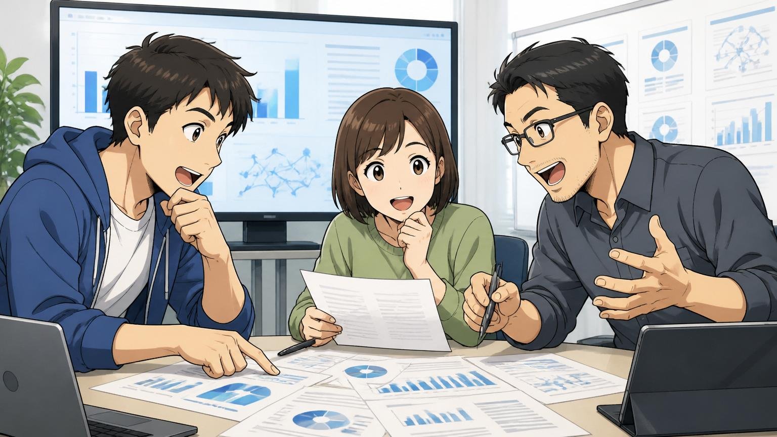 会社概要と3つの事業を理解するエンジニア。データ分析企業の会議室。男女3人。資料を囲んで議論する表情