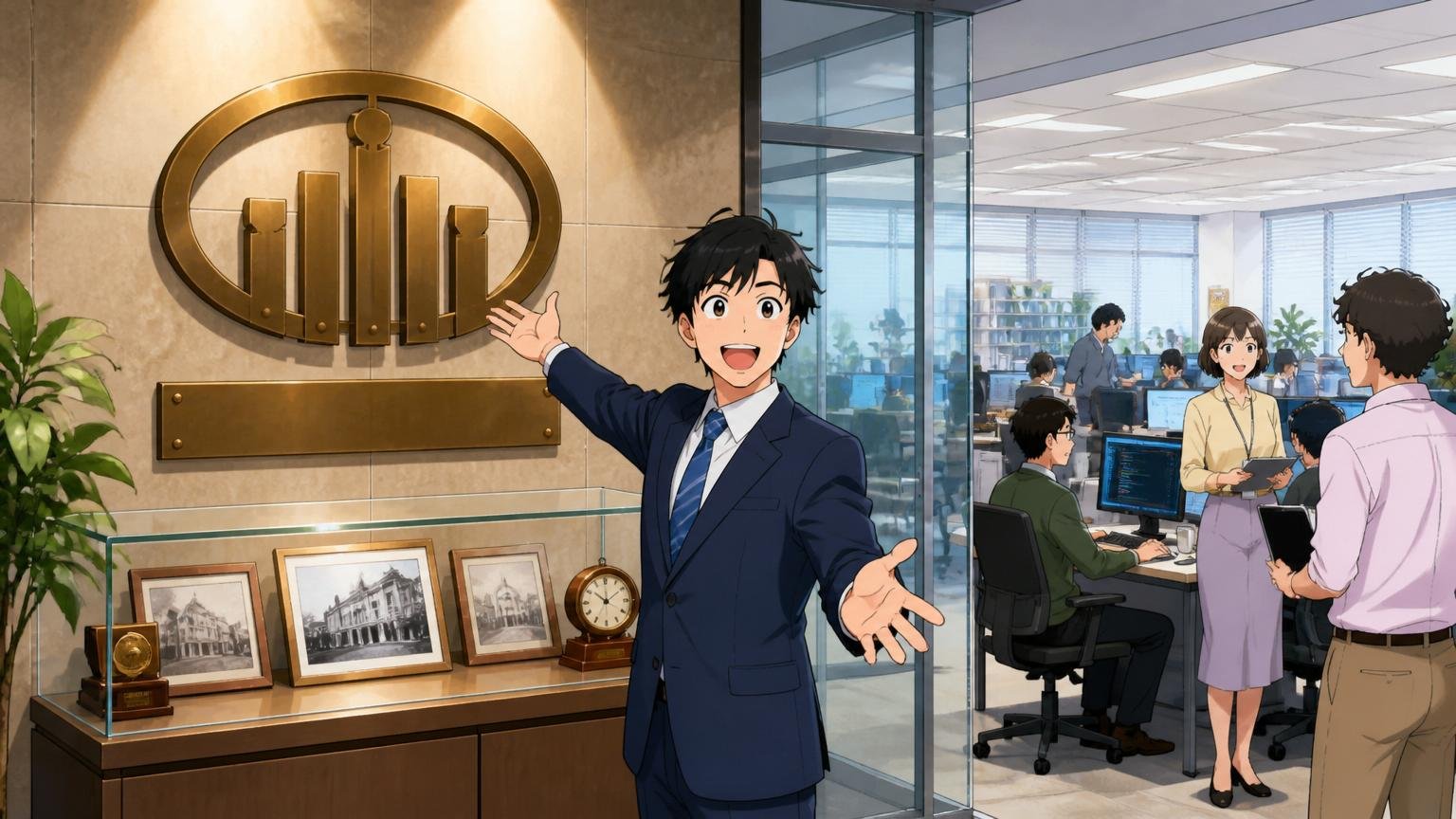 会社規模・歴史・親会社の基本スペック。SIerのエントランスで歴史を感じさせる企業ロゴと現代的なオフィスが並ぶシーン