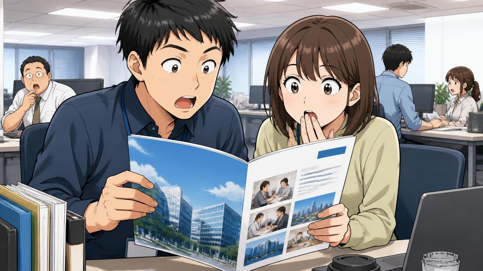JFEシステムズの正体は情シス子会社、SIerのオフィスで会社案内を眺める20代男女エンジニア2人