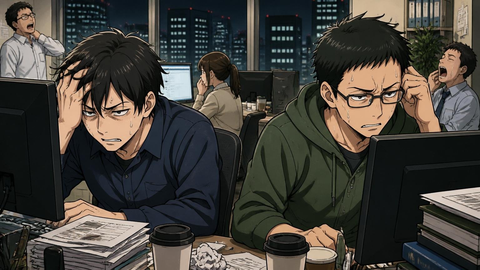 東京都心のIT企業のオフィス・夜遅くにモニターと向き合う2人のエンジニア・残業の重さが伝わる表情
