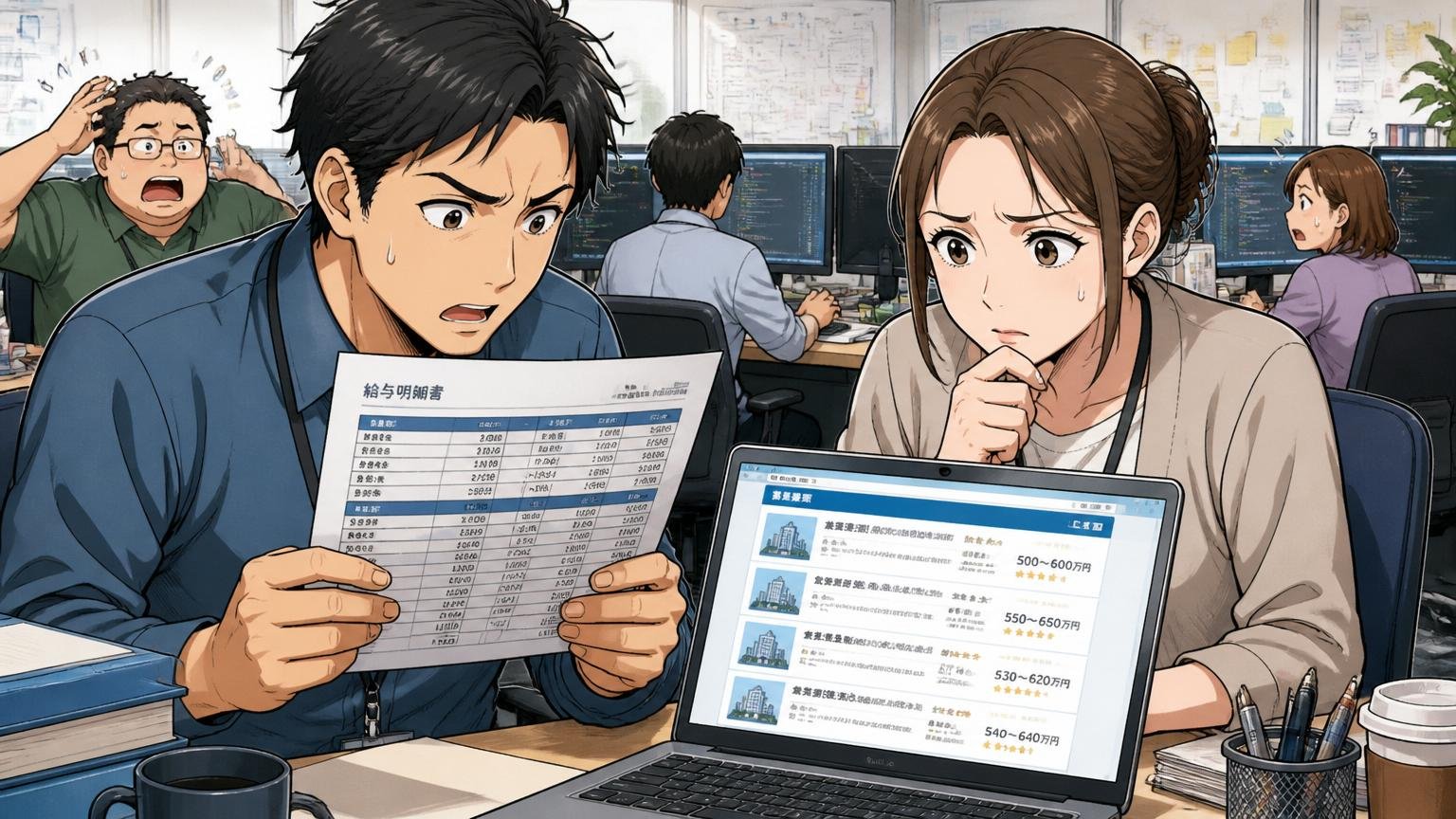 平均年収535〜567万円。SIerの開発現場で30代男女エンジニア2人が給与明細と求人画面を見比べて考える表情
