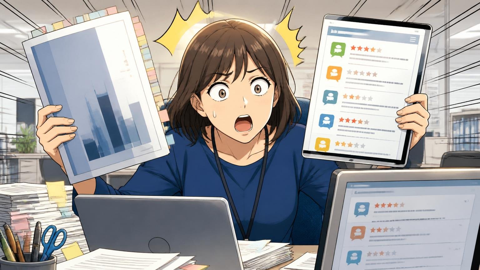 オフィスのデスクで複数の口コミサイトと有価証券報告書を見比べる30代女性エンジニアが驚いた表情