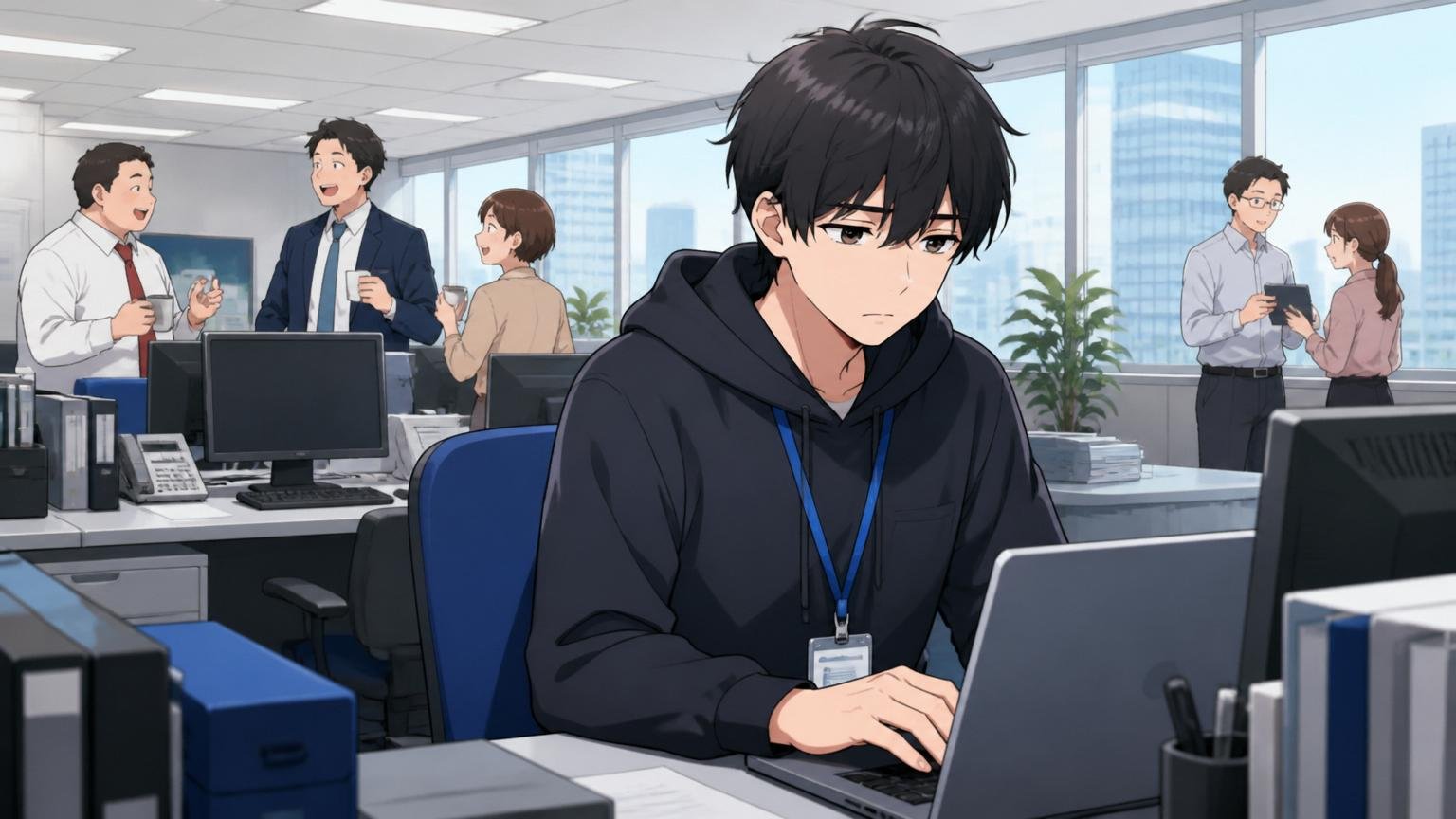 客先常駐の現場|大企業のオフィスフロアで一人黙々と作業するエンジニア|本社同期と離れて孤独感