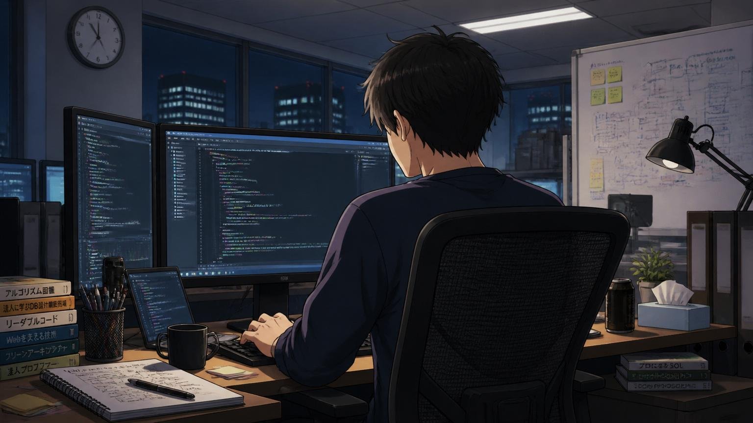 深夜のオフィスで一人だけPCモニターの光に照らされて作業を続けるエンジニアの後ろ姿