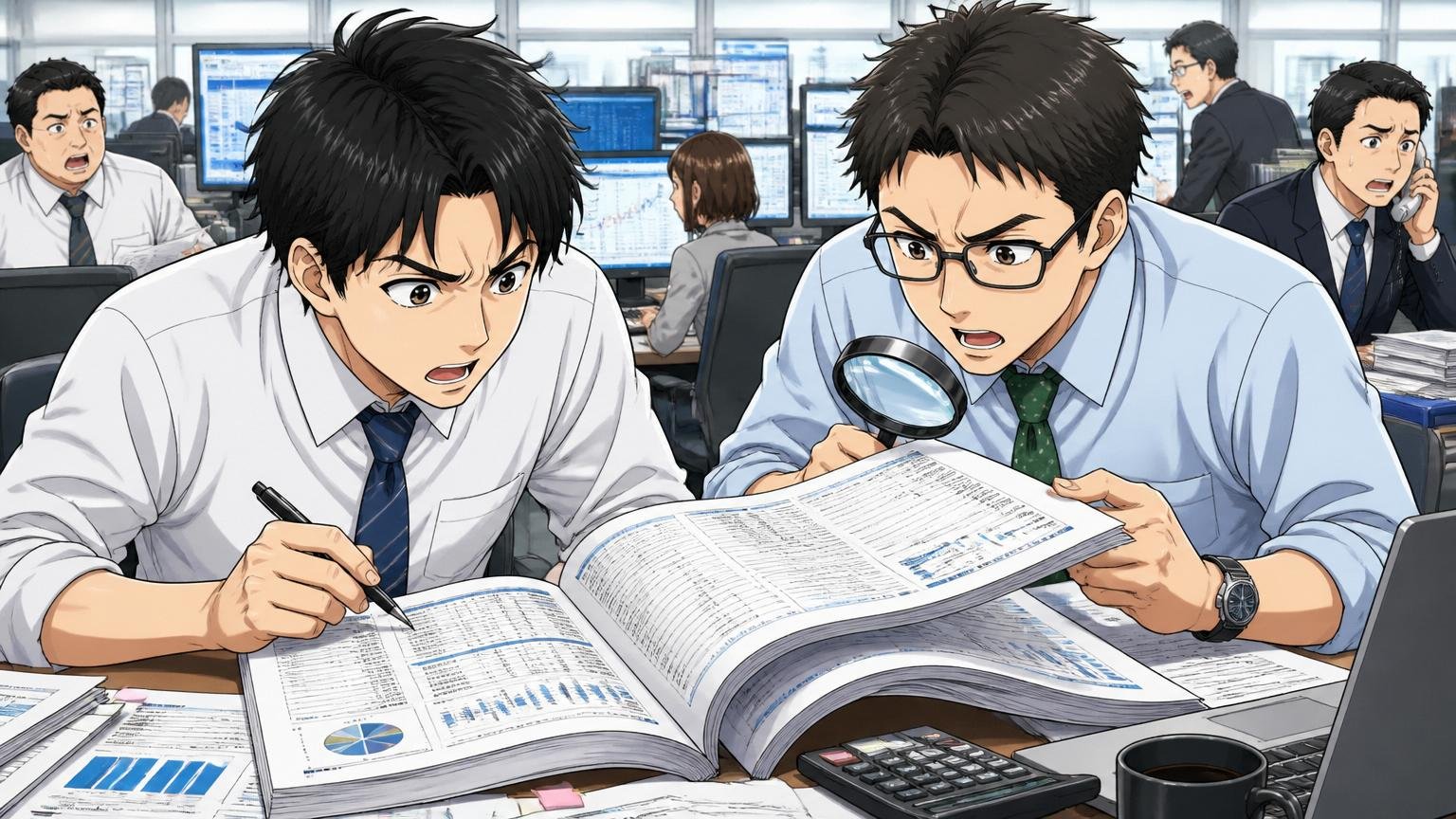 投資銀行のフロアで2人のアナリストが有価証券報告書を真剣に読み込み数字を確認する