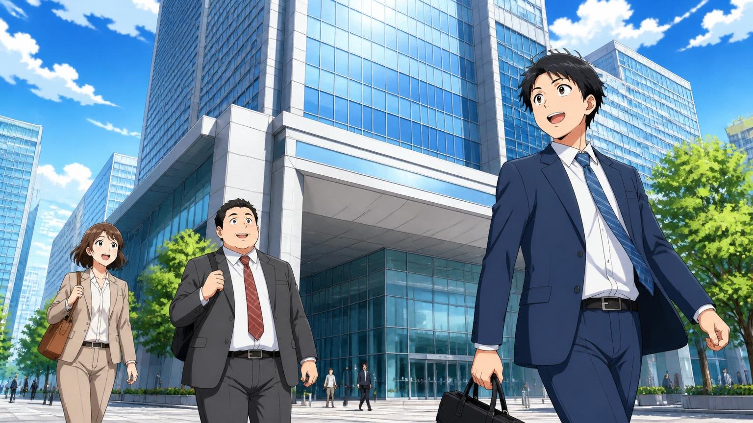 通信インフラ業界の大手企業ビル、豊洲のオフィス街にそびえる本社ビル前を歩く2〜3人のビジネスパーソン