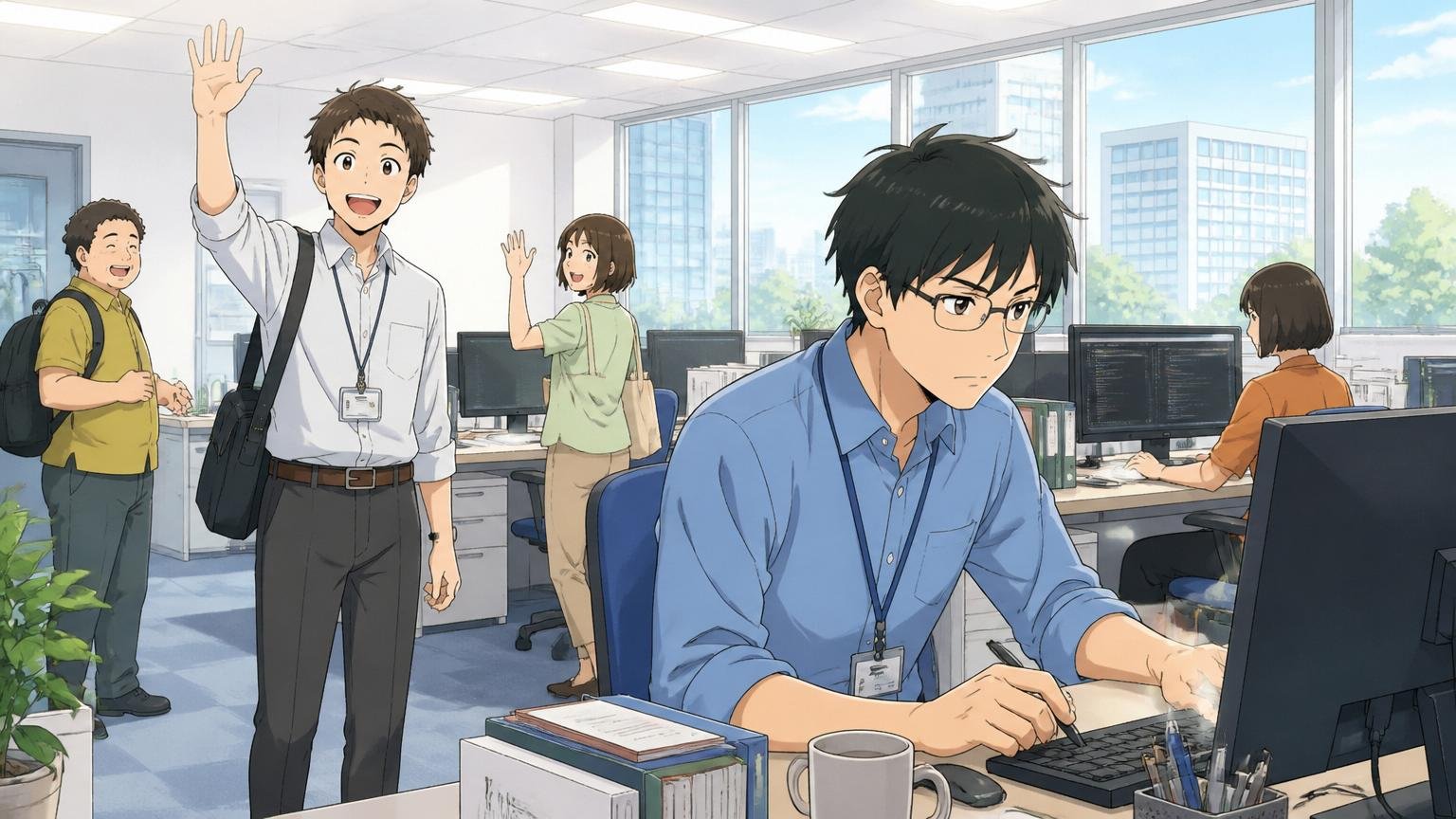 多摩センター近郊のSIerオフィスで、定時退社する社員と、デスクで集中作業を続ける社員が混在し、自然光が差し込む明るい雰囲気