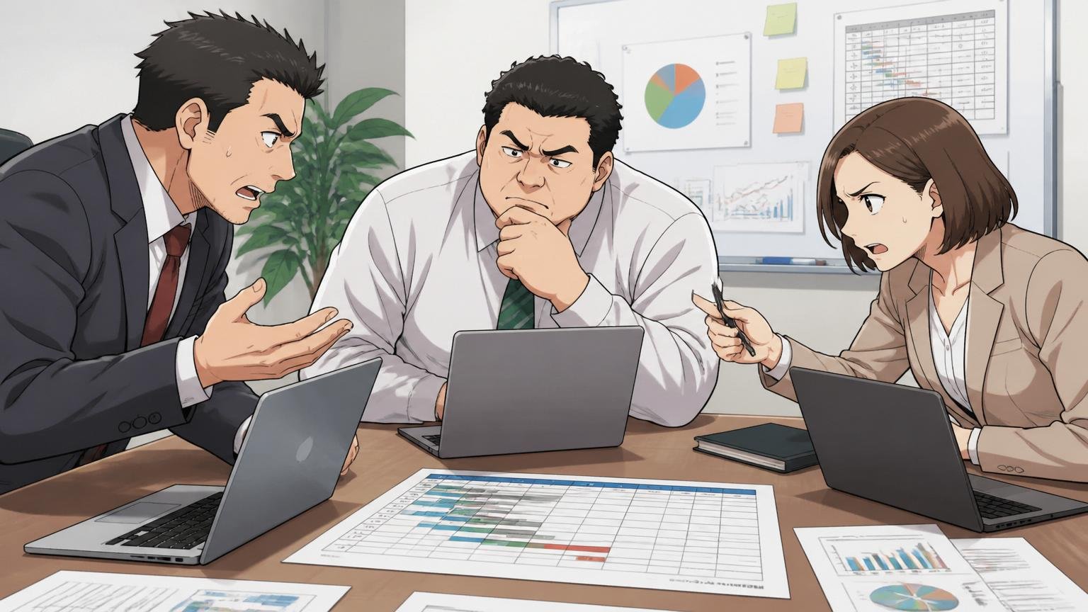 企業の会議室でベンダー打ち合わせ、3人がノートPCと進捗表を前に渋い表情で議論