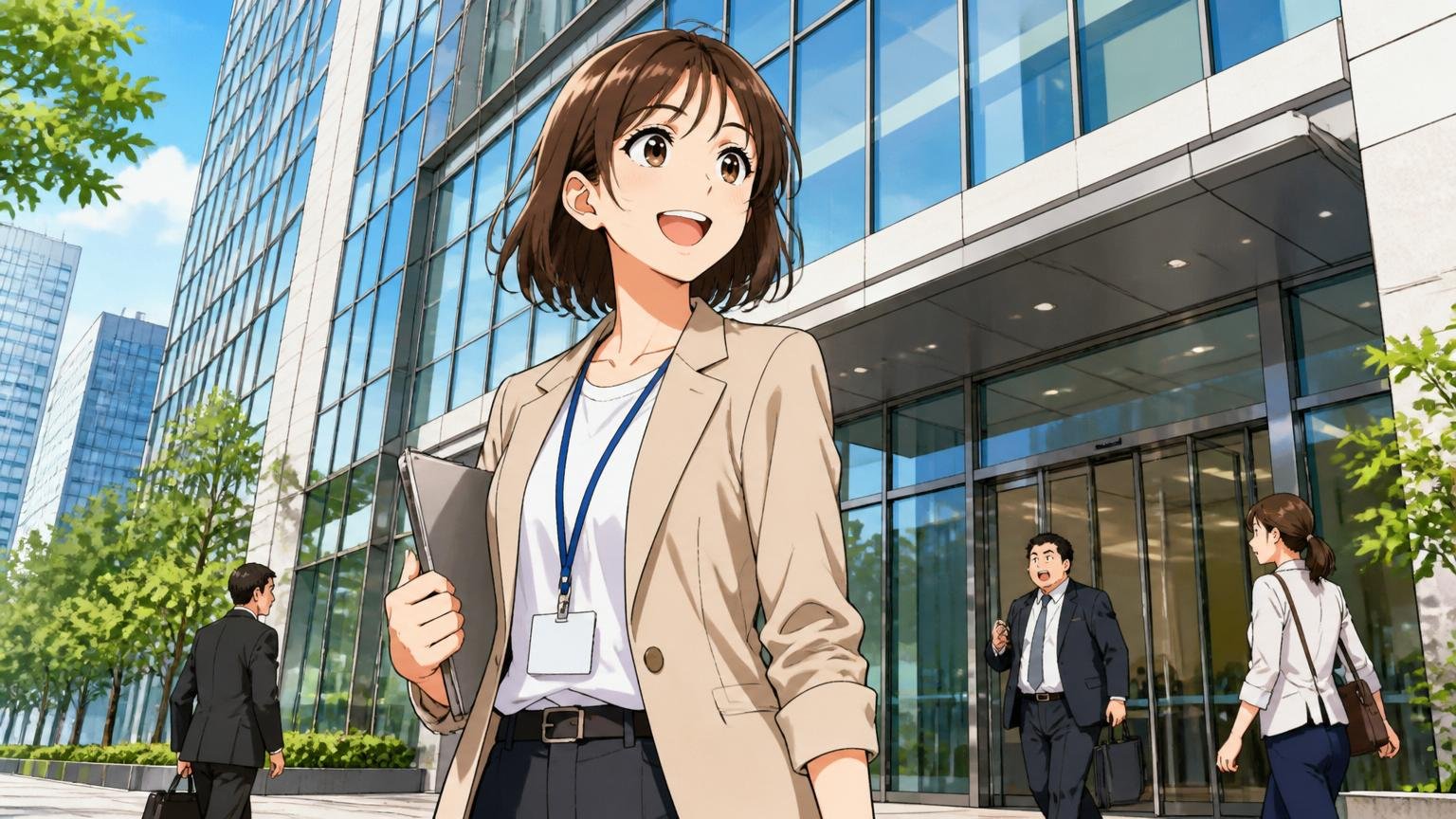 公式情報まとめ｜豊洲のオフィスビル外観と入り口に立つ30代女性エンジニア