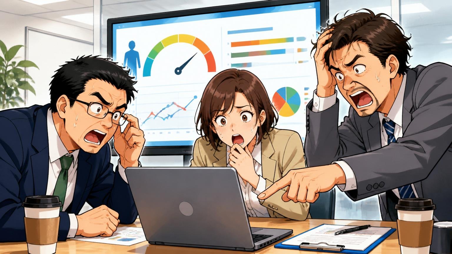 事業内容 メンタリティマネジメント健康経営 企業の会議室 ビジネスパーソン3人がストレスチェック画面を見る