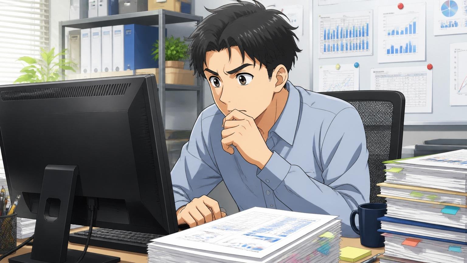 有価証券報告書のデータをチェックするビジネスパーソン。Web系企業のデスクで男性1人、PC画面を真剣に見る表情