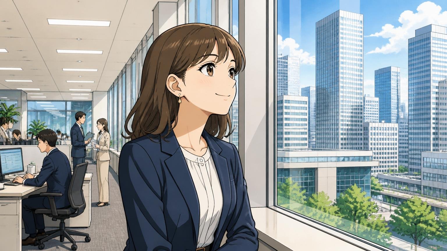巨大商社グループの安定感を表現/SIerの本社オフィス/30代女性1人/満足そうな表情で窓の外を見る