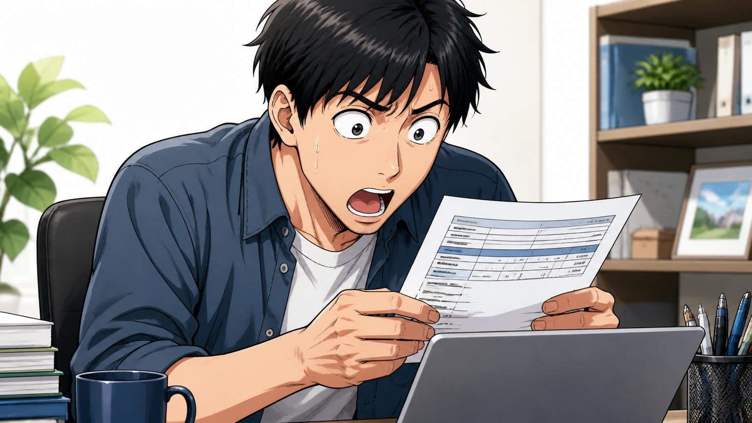 平均年収564万〜605万円／給与明細を確認するエンジニア／30代男性1人／驚いた表情でPC画面を凝視
