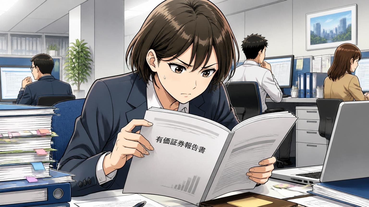 エヌアイデイ本社オフィス、人事担当者1人がデスクで有価証券報告書を確認、真剣な表情