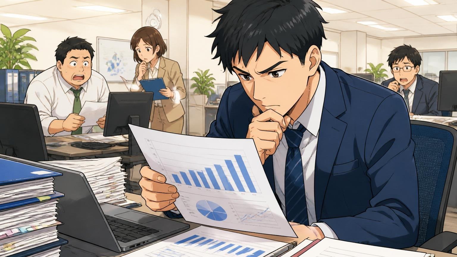 売上勤続年数で見る会社の体力｜SIerオフィスで男性社員が資料を真剣に確認する様子
