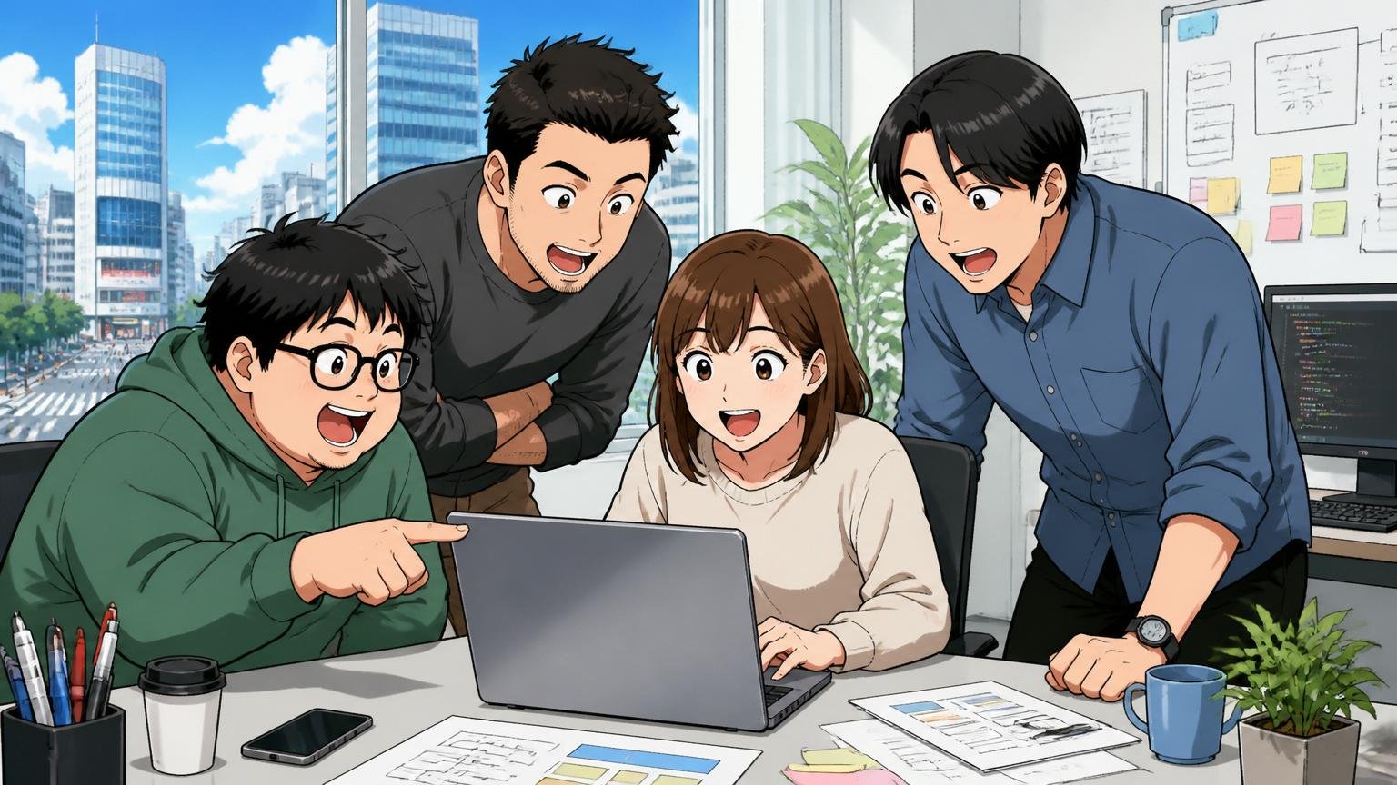 渋谷のオフィスビルでパソコン画面を見ながら打ち合わせするWeb系企業の社員4人