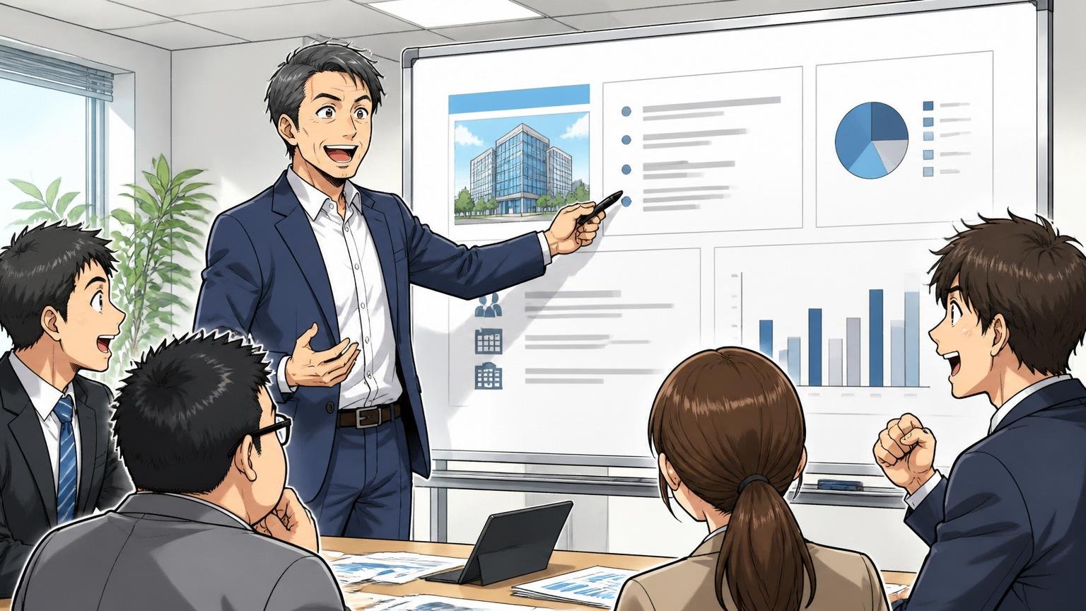 企業の会議室でホワイトボードを前にしたメンター40代男性が会社情報の基本データを指し示している