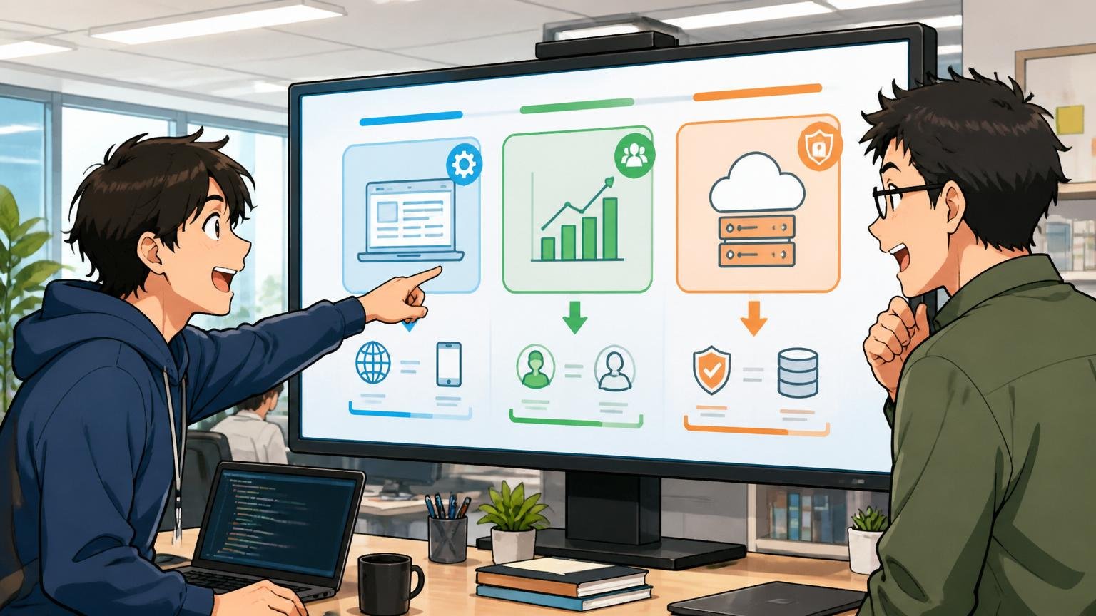 3つの事業セグメントを図解で整理。Web系企業のオフィスで男性ITエンジニア2名が大型ディスプレイを指差し図解を確認している様子