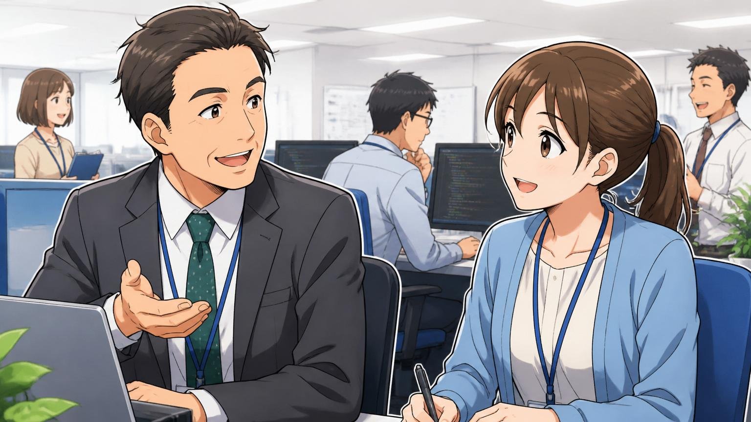 法令順守4.7、風通し3.6の高スコア／SIerのオフィスで穏やかに会話する管理職と若手エンジニアの男女2人