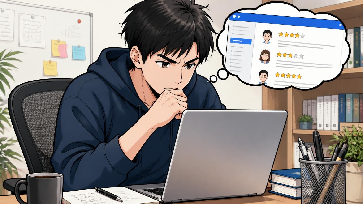 自宅のデスクで在宅勤務中にノートPCで企業口コミサイトを真剣に読み込んでいる20代後半男性エンジニア