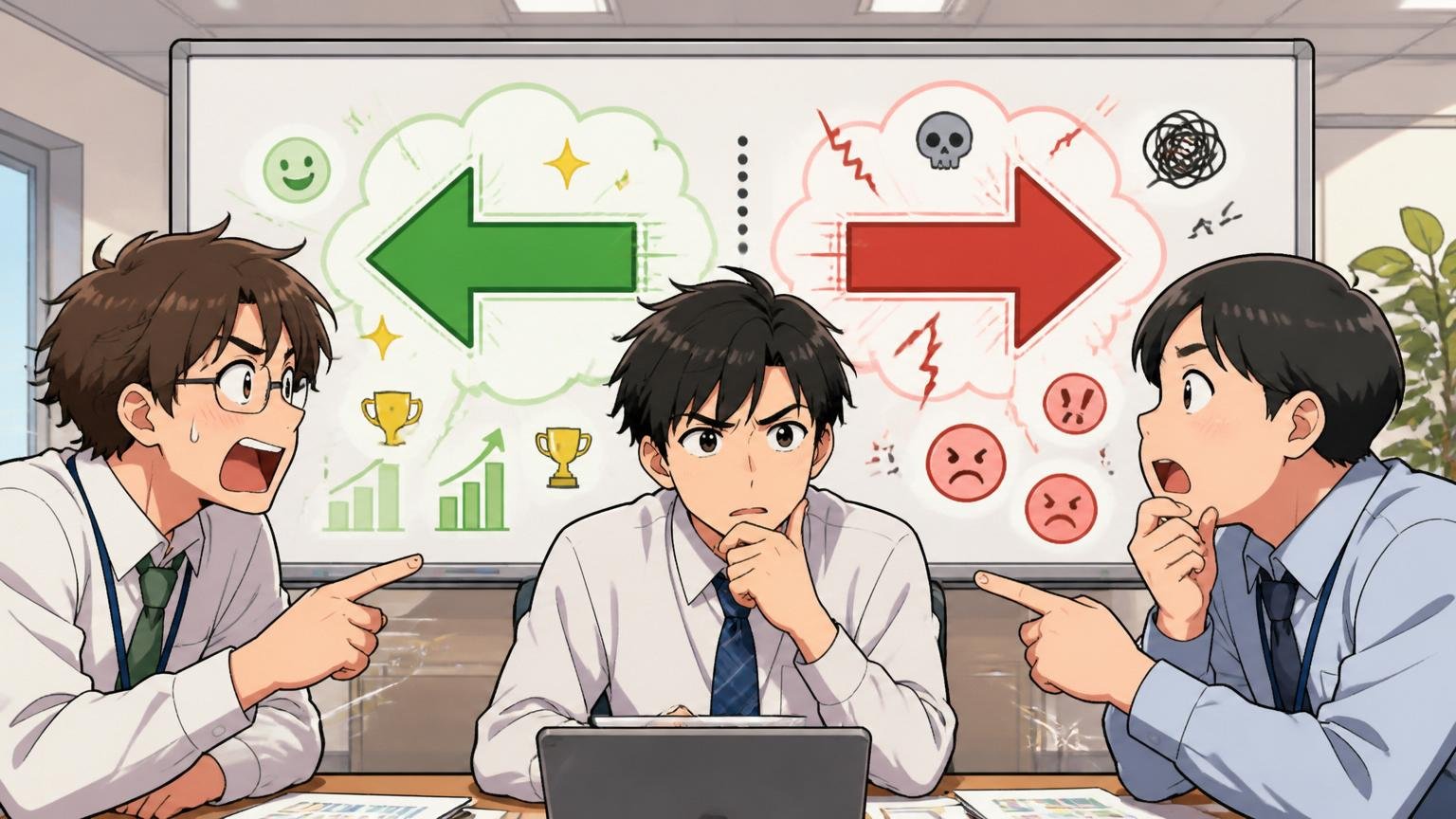 「やばい」の意味を分解する：ポジティブ vs ネガティブ。SIerの会議室で2方向の矢印を見比べる若手SE3名