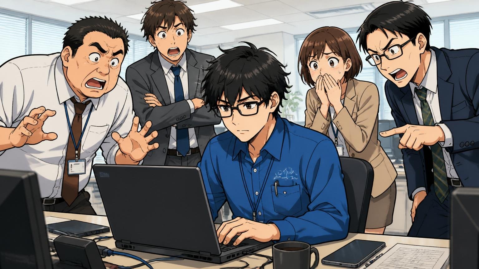 お客様先のオフィスで1人だけ自社シャツのITエンジニアが他社社員に囲まれて作業している