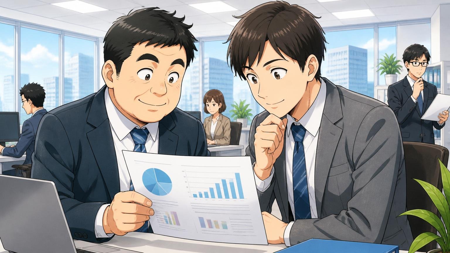 新宿のオフィスビルで2人のビジネスパーソンが企業情報の資料を眺めながら頷いている場面