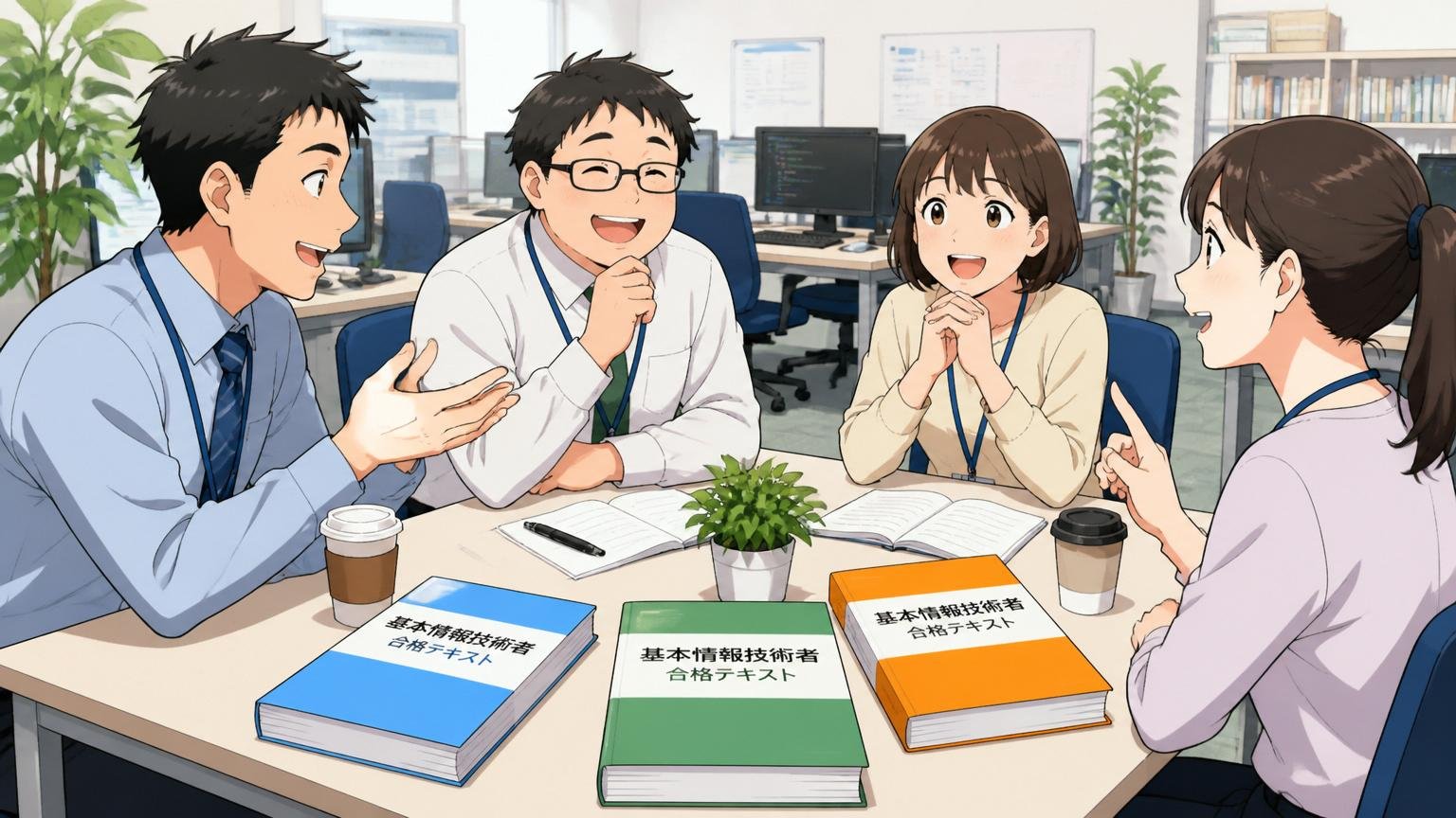 ポジティブな声：資格手当・残業少なめ・風通しの良さ。SIerのオフィスで、男性社員2人と女性社員2人が机を囲んで穏やかに談笑し、手元には資格テキストが置かれている