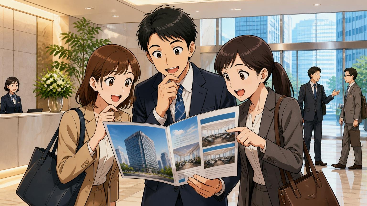 ジーニーの会社概要。新宿の高層オフィスビルの受付ロビーで30代男性と20代女性2人が会社案内を確認する表情