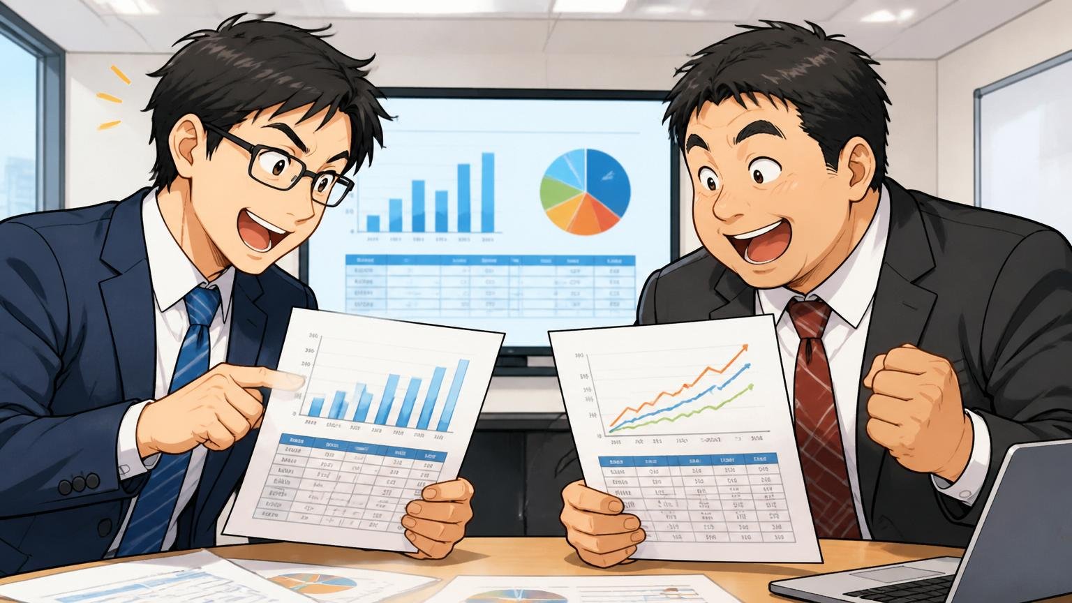 コンサルティングファームの会議室で年収データの資料を比較するビジネスパーソン2人、納得した表情