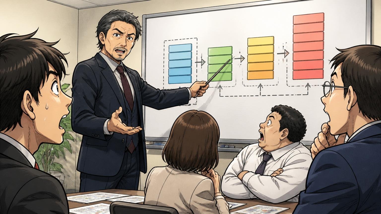 SES業界の単価と給与の構造を解説するシーン 企業の会議室で構造図を指さすベテラン男性1人 真剣な表情